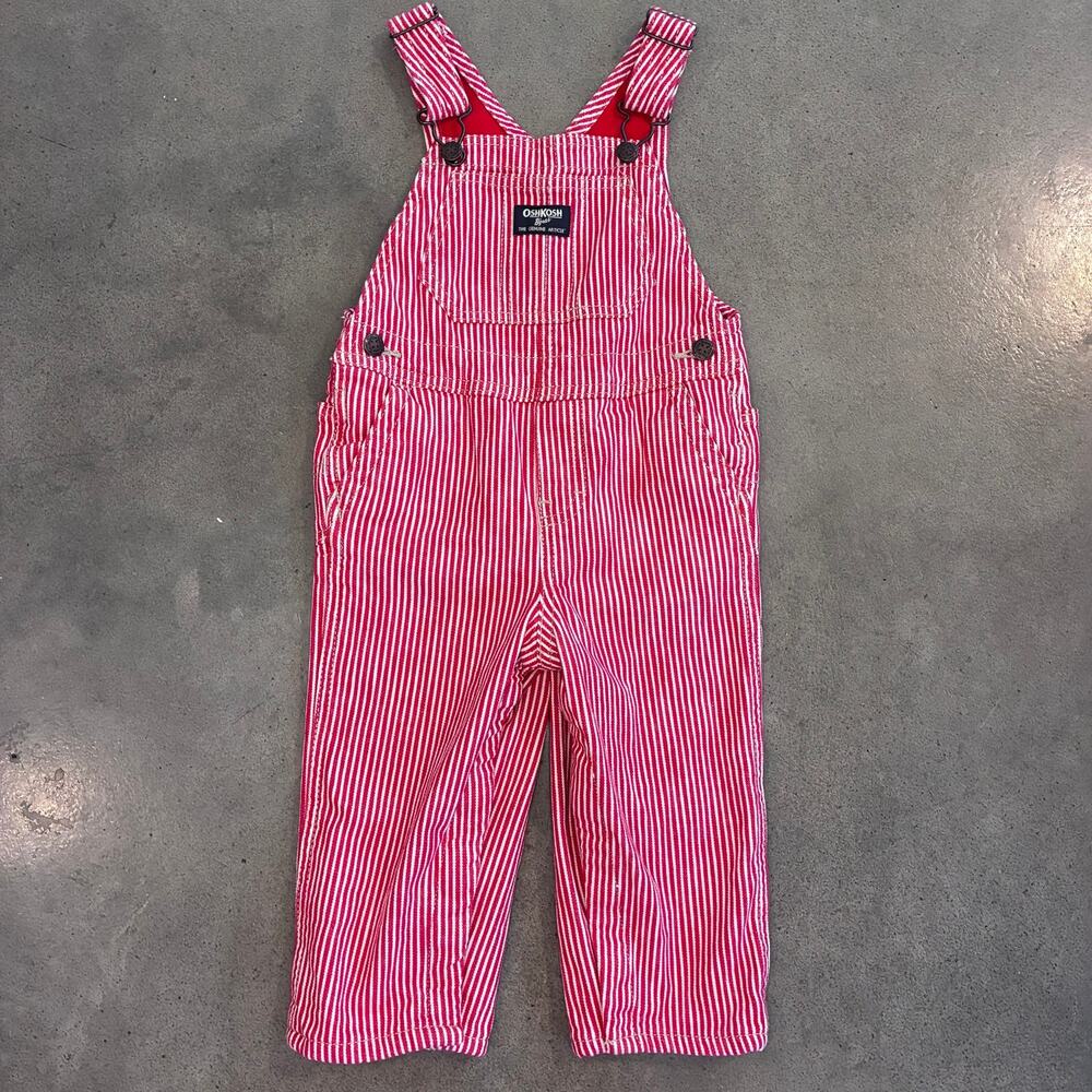 Osh Kosh Hickory red white stripe denim overalls Christmas infant boys 24 months